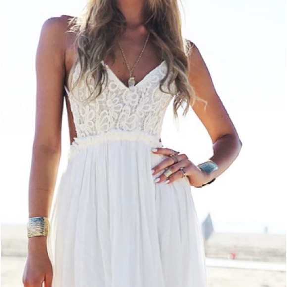 New✨soft white backless boho dress w/ crochet top & adjustable straps• XS - Picture 4 of 10